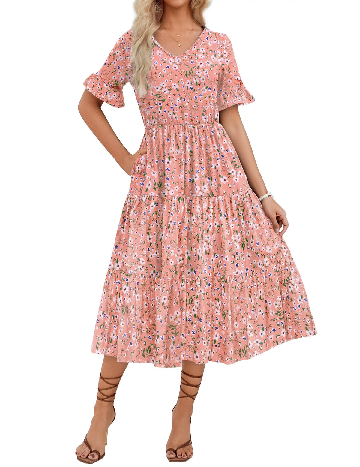 ZEAGOO Women's Summer Dresses Midi Tiered Casual Dress Floral V Neck Ruffle Short Sleeve Flowy Beach Dress with Pockets