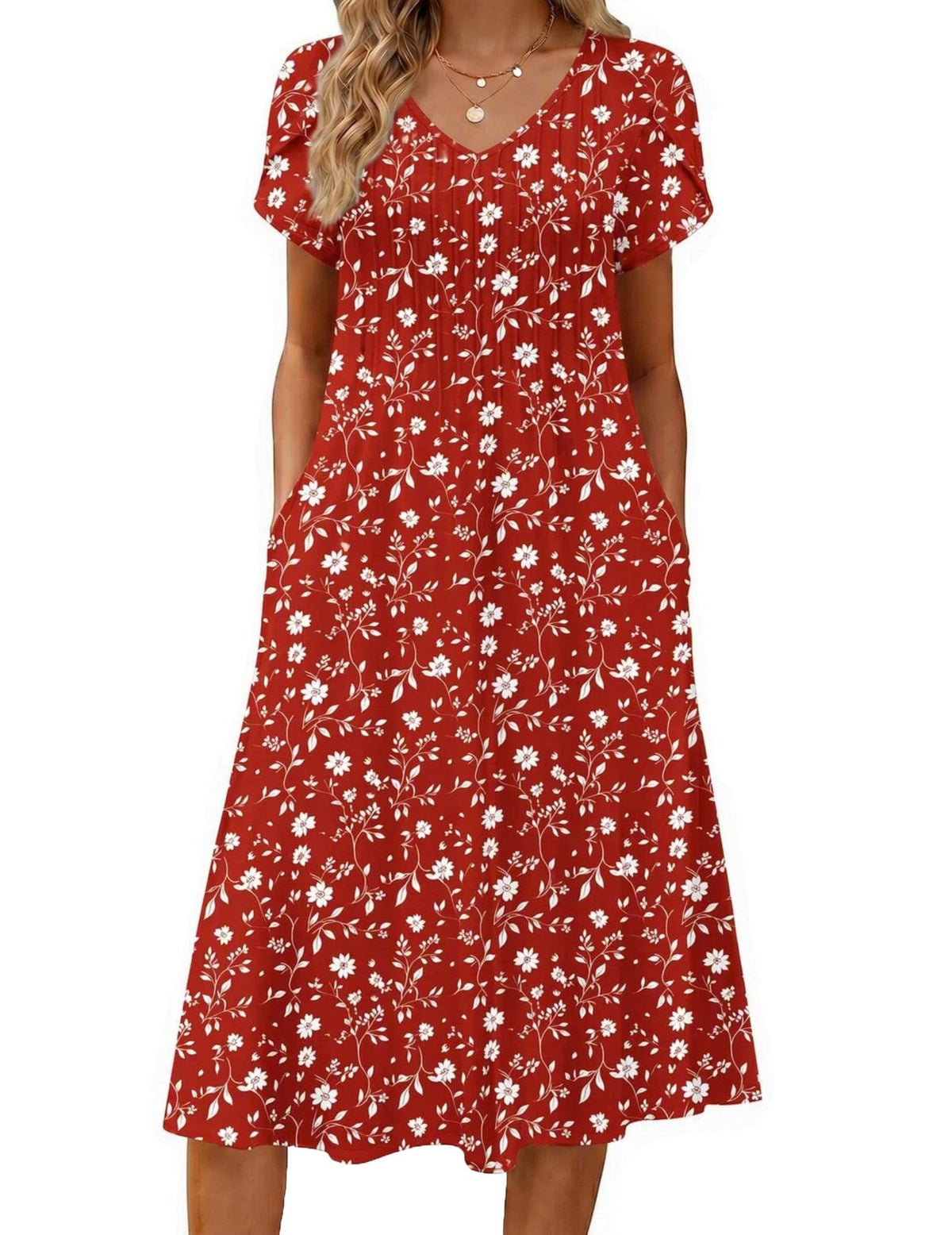 Zeagoo Womens Casual Summer Dress 2026 Short Sleeve Dresses Pleats Midi A Line Flowy Dress Boho Beach Sundress with Pockets