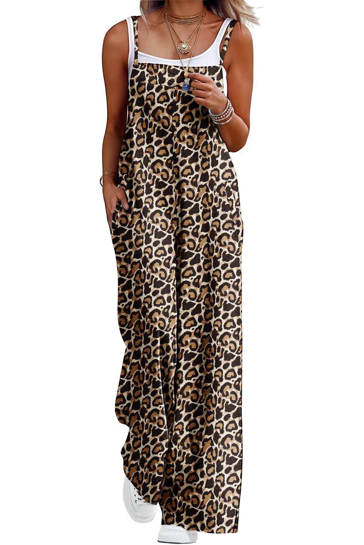 Lepunuo Womens Casual Loose Jumpsuits Summer Boho Wide Leg Rompers Sleeveless Overalls with Pockets