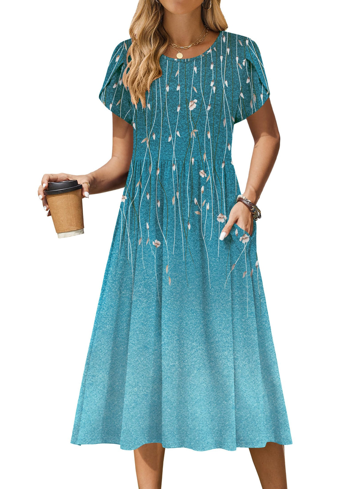 Zeagoo Womens Summer Dresses Casual Aline Midi Dress Short Sleeve Floral Tshirt Dress Flowy Beach Sundresses with Pockets