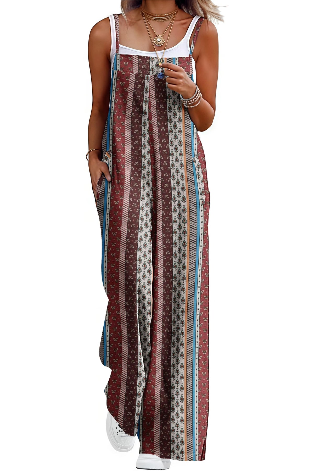Lepunuo Womens Casual Loose Jumpsuits Summer Boho Wide Leg Rompers Sleeveless Overalls with Pockets