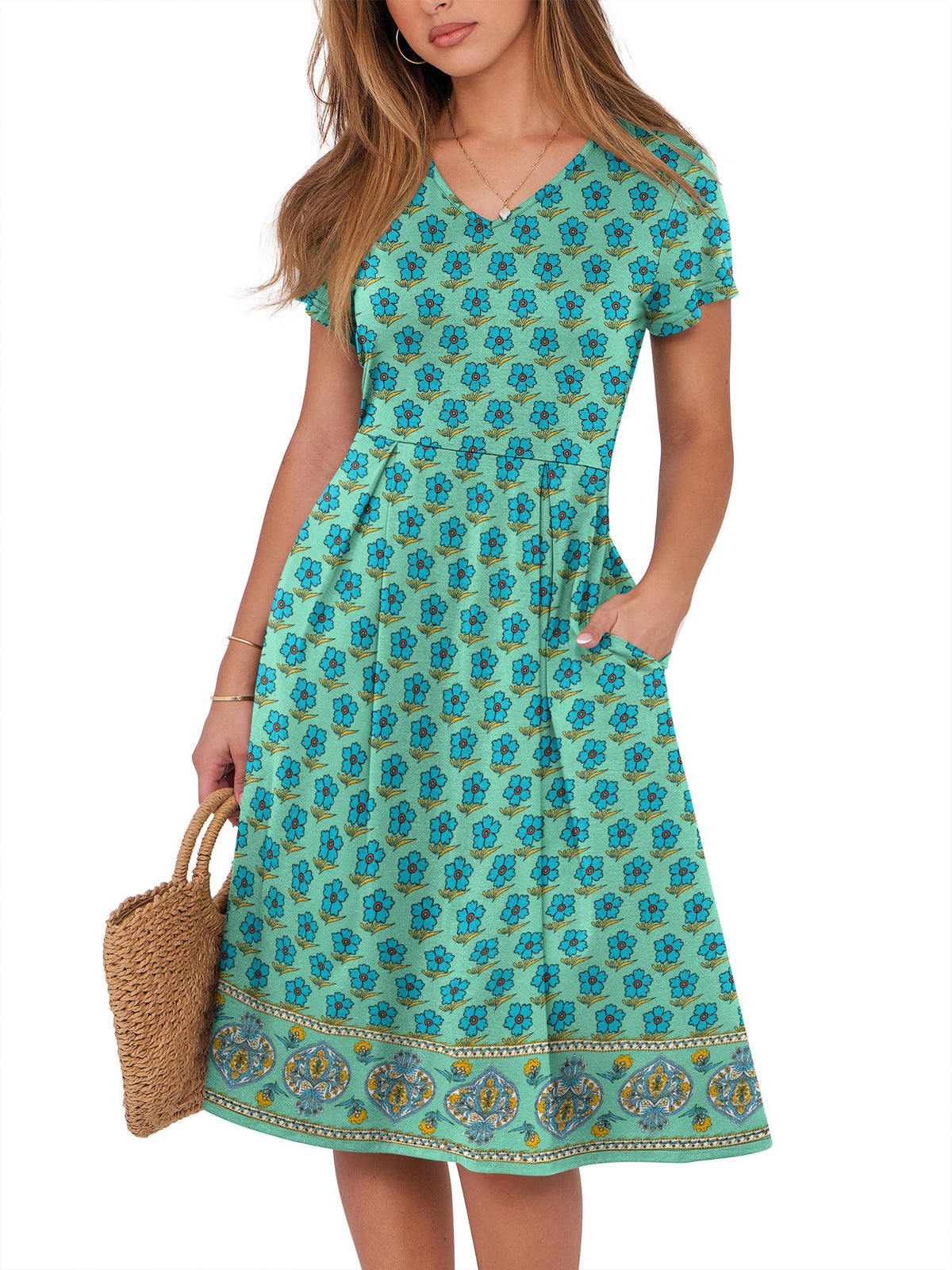 ANRABESS Women Summer Dress Casual Short Sleeve V Neck A-Line Knee Length Pleated Flowy 2026 Fashion Midi Dresses with Pocket