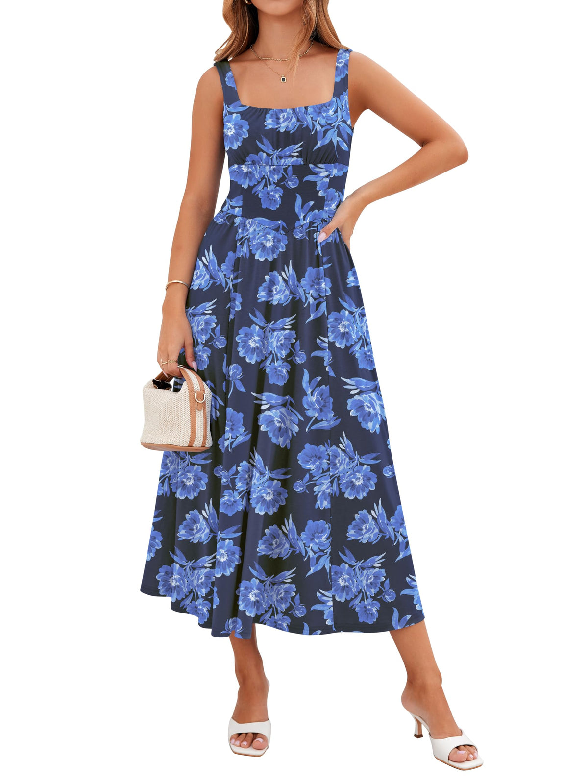 YIOYOLA Womens Casual Summer Dress with Pockets | Sleeveless Square Neck Flowy A-Line Midi Sundress for Beach & Wedding Guest