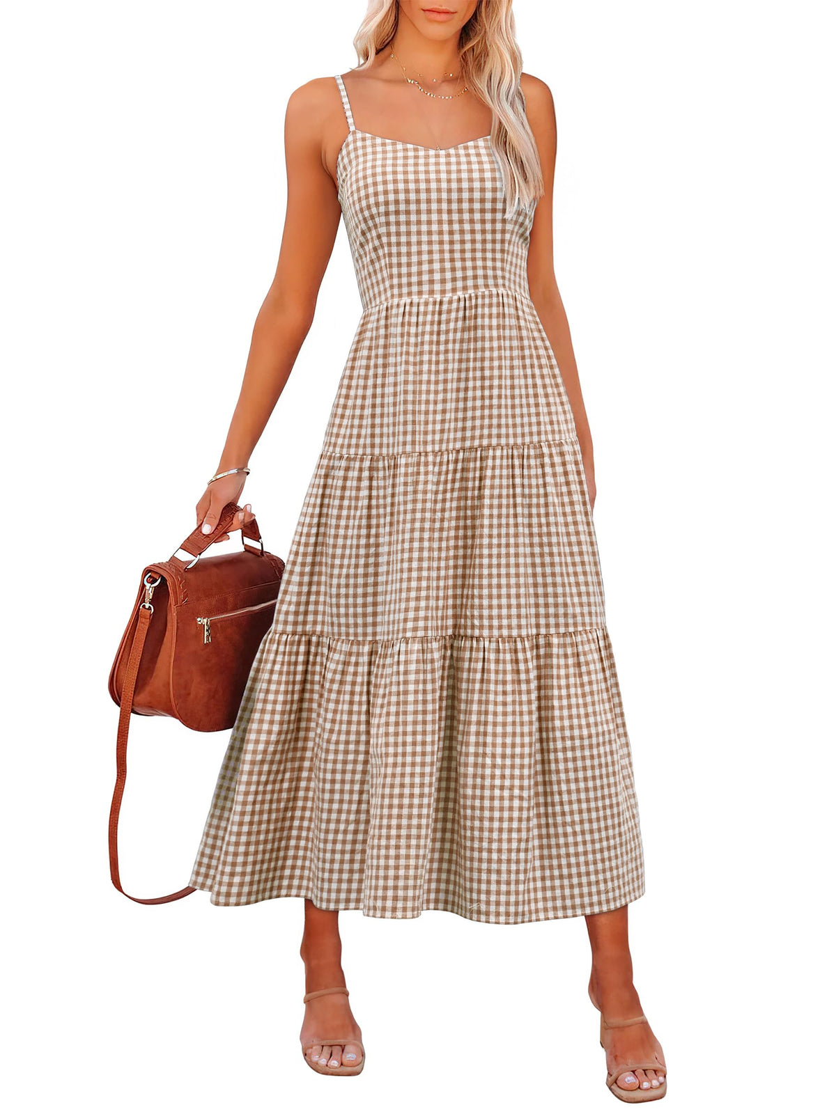 ANRABESS Womens Summer Striped Gingham Midi Dresses Casual Beach Sundress