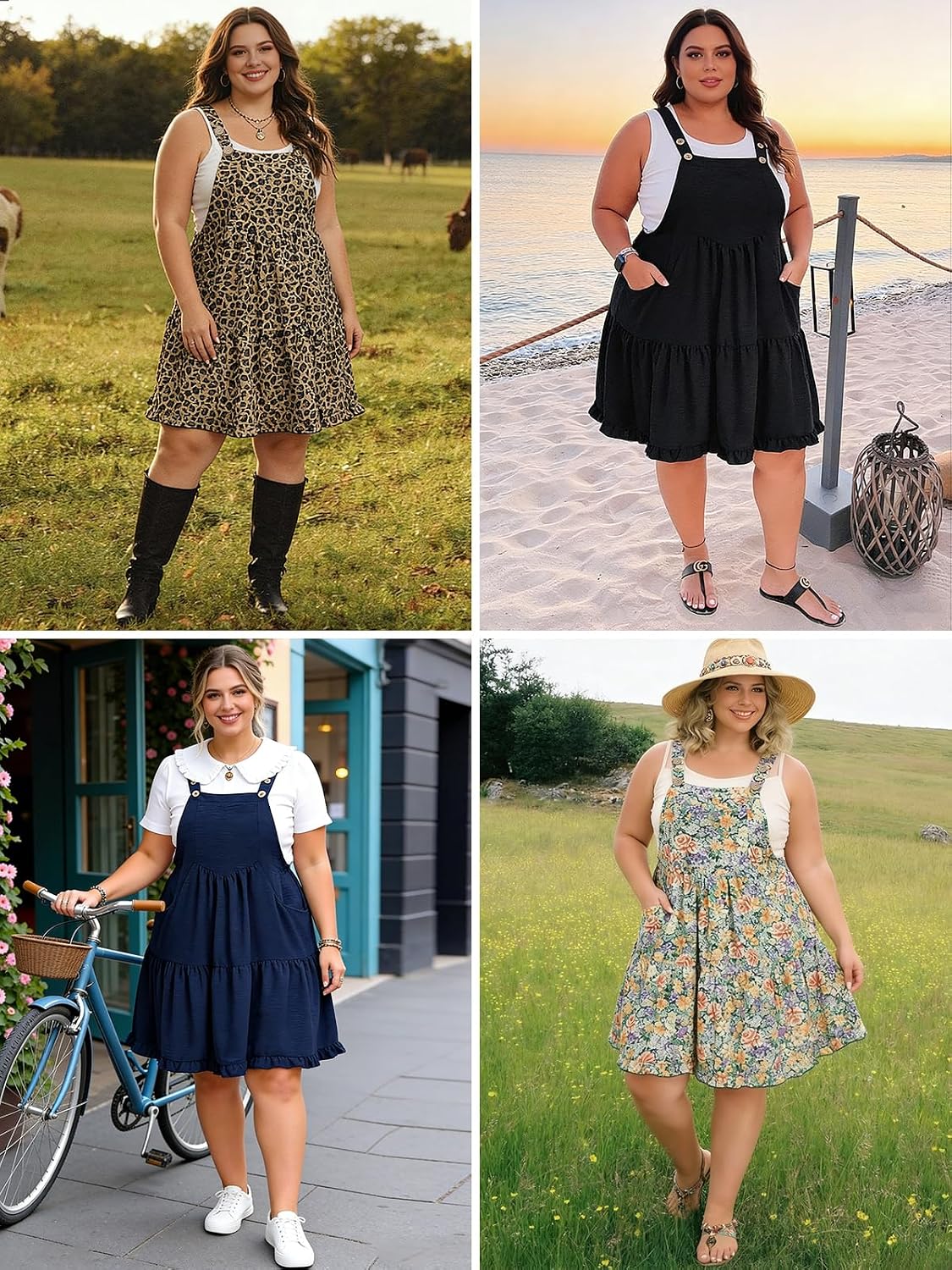 Moon Wood Plus Size Overall Dress for Women Adjustable Straps Jumper Pinafore Dress with Pockets Summer Mini Short Dress