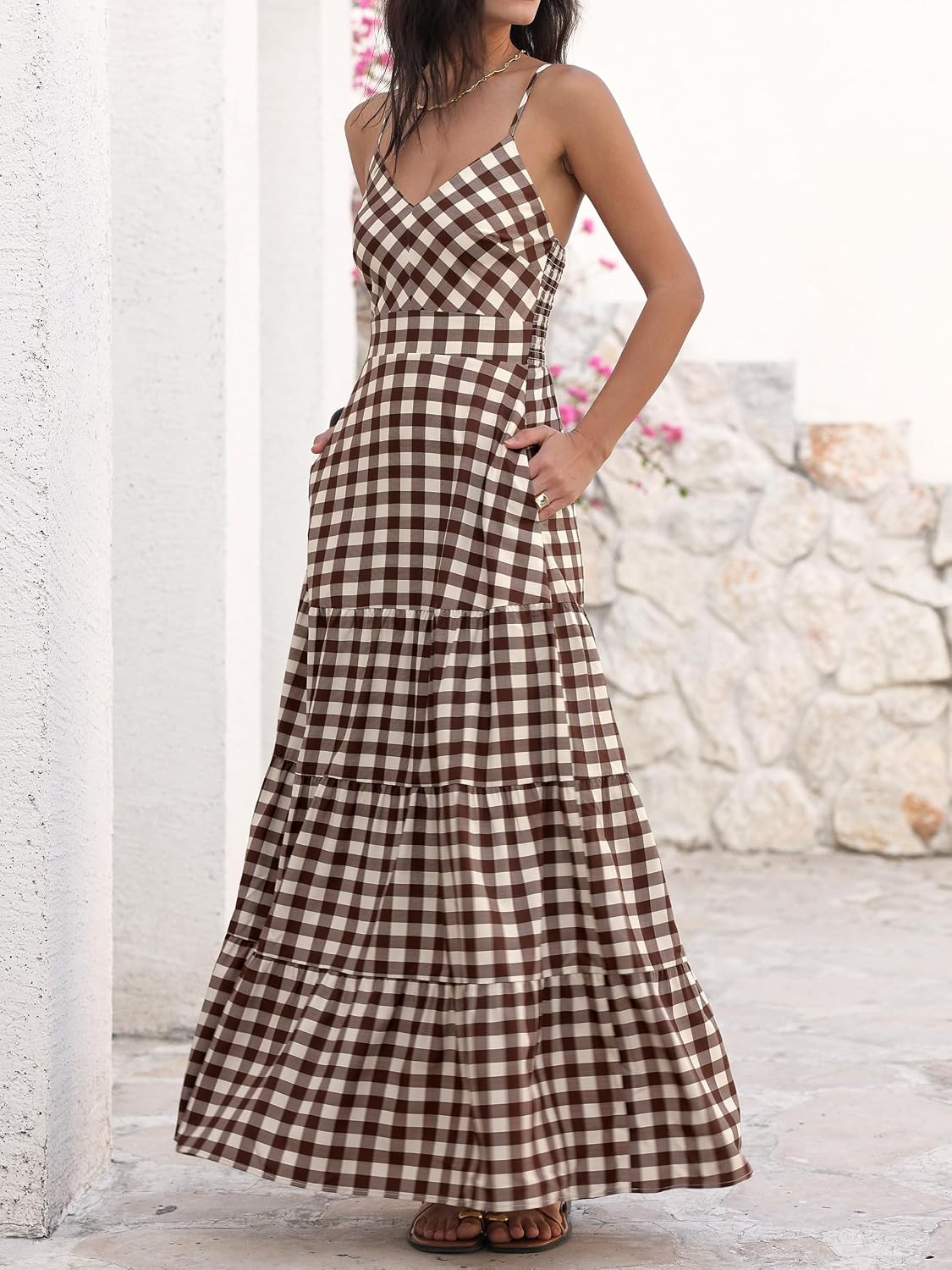 Caracilia Womens Summer Gingham Striped Flowy Spaghetti Strap Maxi Dress