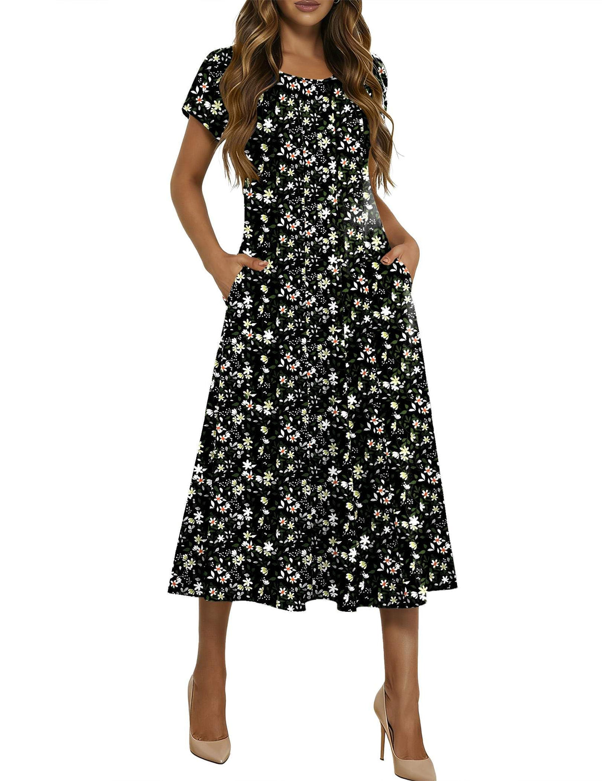 HOTOUCH Summer Dresses for Women 2026 Casual Midi Dress Petal Short Sleeve A Line Dress Pleated Flare Sundress