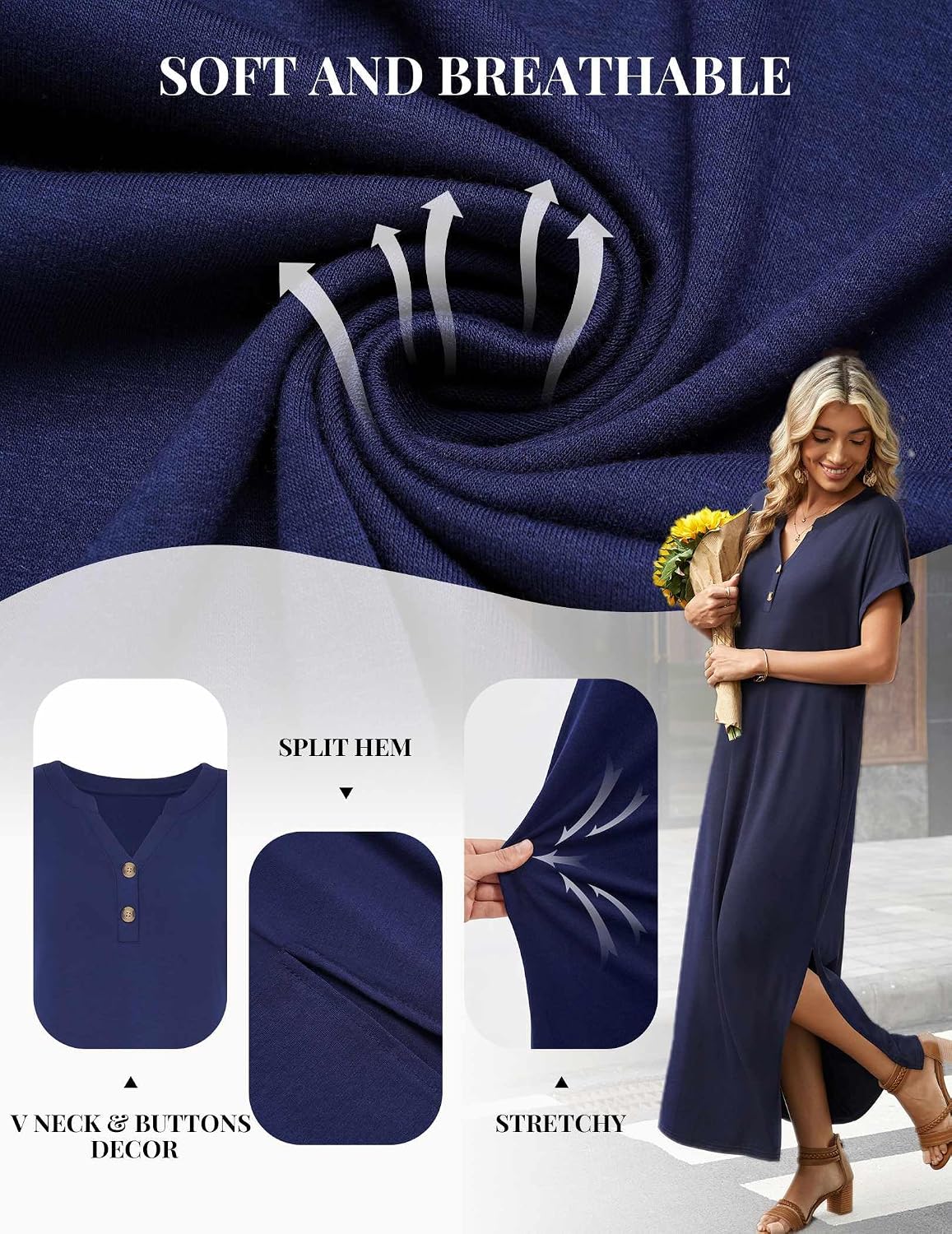 Zeagoo Summer Dresses for Women 2026 Maxi Dresses Vacation Sundress Short Sleeve Casual Sundresses Split Dress with Pockets