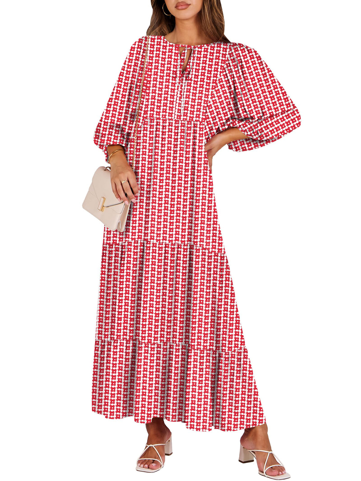 ANRABESS Womens Boho Floral 3/4 Puff Sleeve Maxi Dress