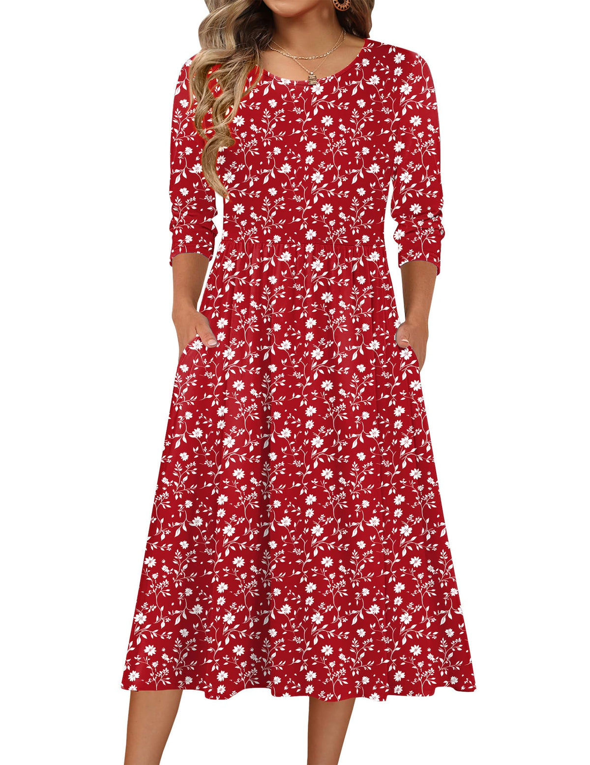 Zeagoo 3/4 Sleeve Women's Dress Casual Aline Summer Fall Midi Long Dresses