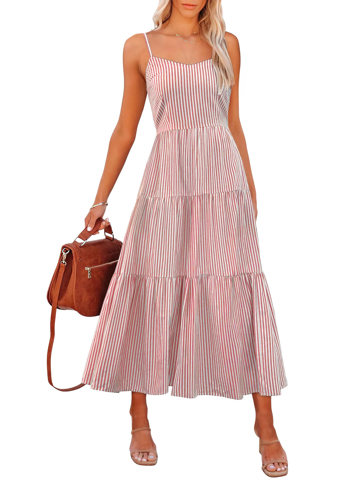 ANRABESS Womens Summer Striped Gingham Midi Dresses Casual Beach Sundress