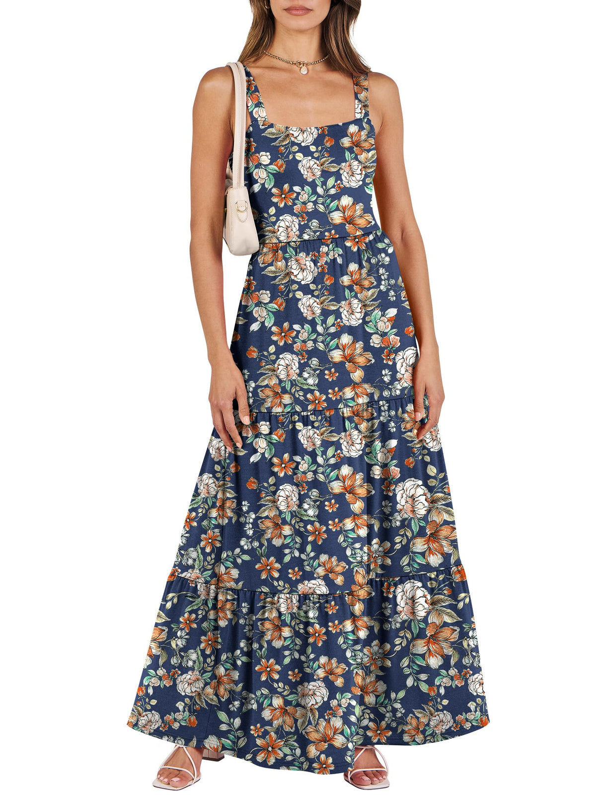 ANRABESS Women's Summer Flowy Maxi Dress Square Neck Sundress with Pockets