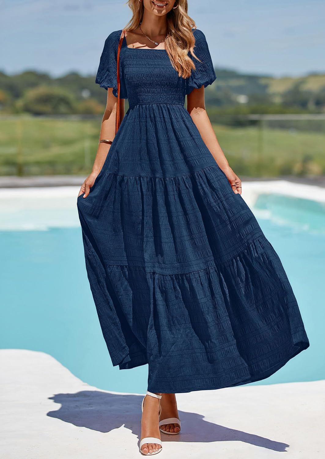 PRETTYGARDEN Womens Puff Short Sleeve Maxi Dress