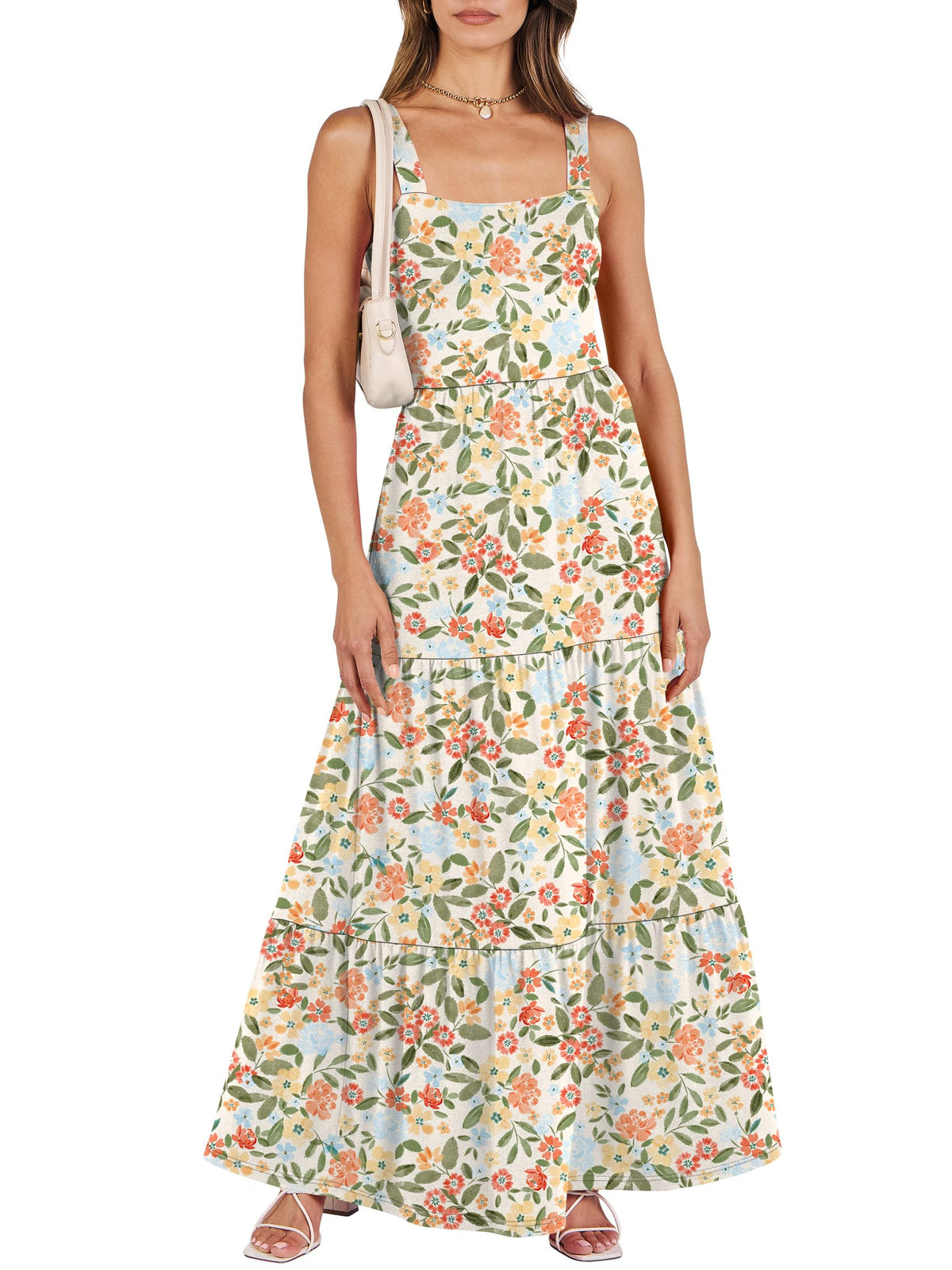 ANRABESS Women's Summer Flowy Maxi Dress Square Neck Sundress with Pockets