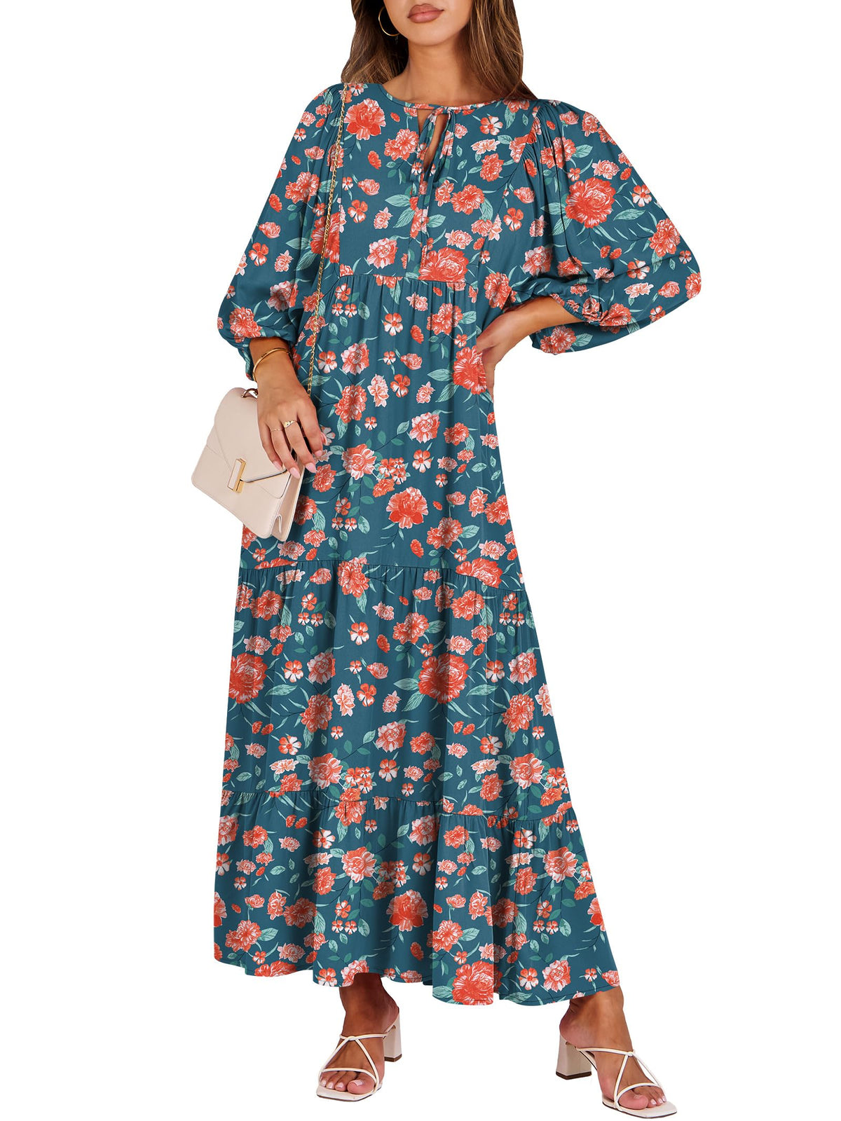 ANRABESS Womens Boho Floral 3/4 Puff Sleeve Maxi Dress