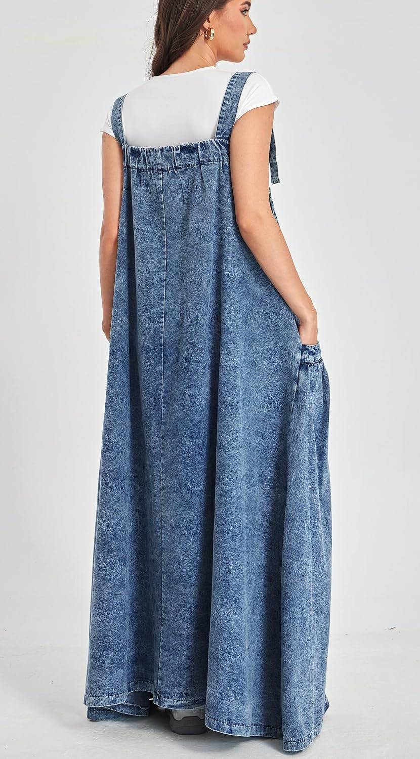 Denim Jumper Dress for Women Loose Version Baggy Style Maxi Length Adjustable Straps Wide Hemline