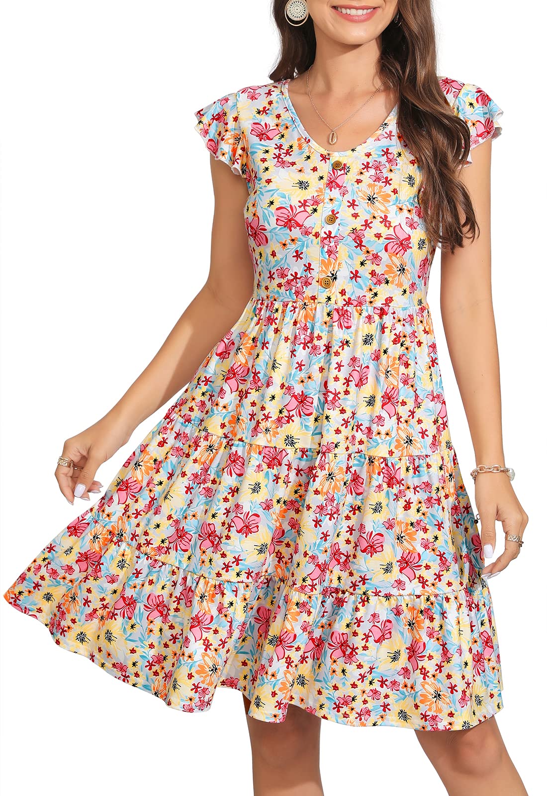 Lamilus Summer Dresses for Women 2026 Ruffle Sleeve V Neck Non-See Through Tiered Babydoll Mini Dress Graduation Beach