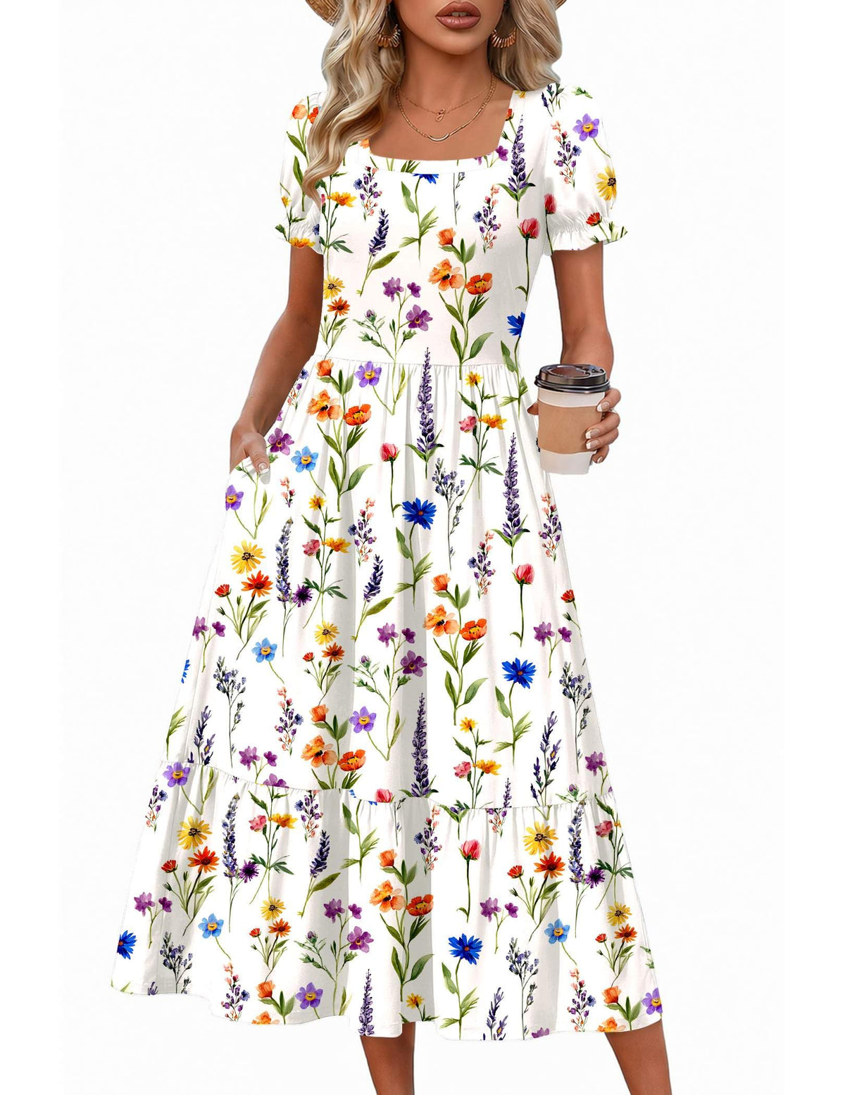 Zeagoo Summer Dresses for Women Flowy Casual Midi Dress Short Sleeve Tiered Dress Beach Vacation Sundresses with Pockets