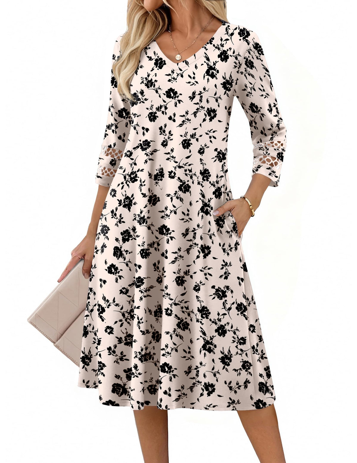 Zeagoo Women's Dresses 3/4 Sleeve Casual V-Neck A Line Eyelet Midi Dress