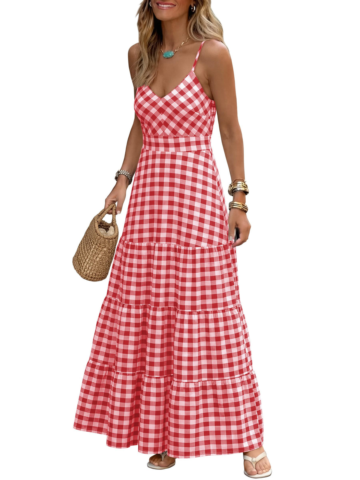 Caracilia Womens Summer Gingham Striped Flowy Spaghetti Strap Maxi Dress