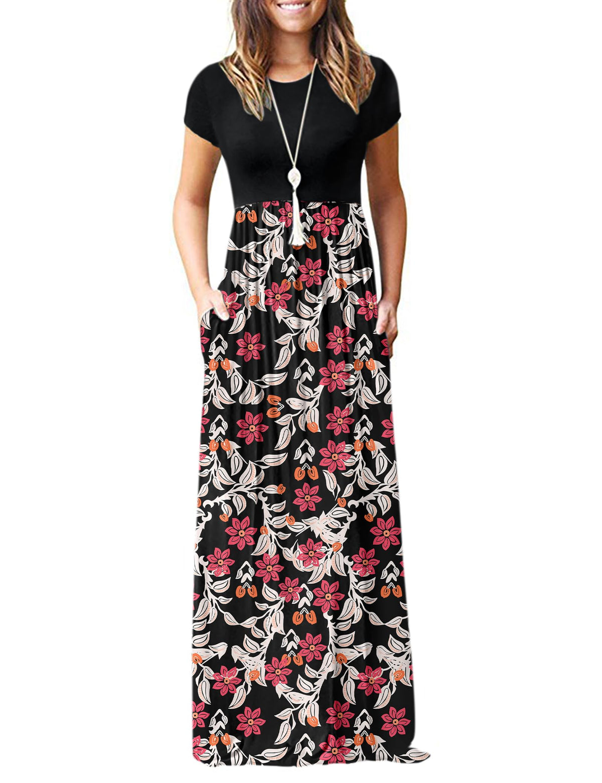 AUSELILY Women's Summer Short Sleeve Loose Plain Casual Long Maxi Dresses