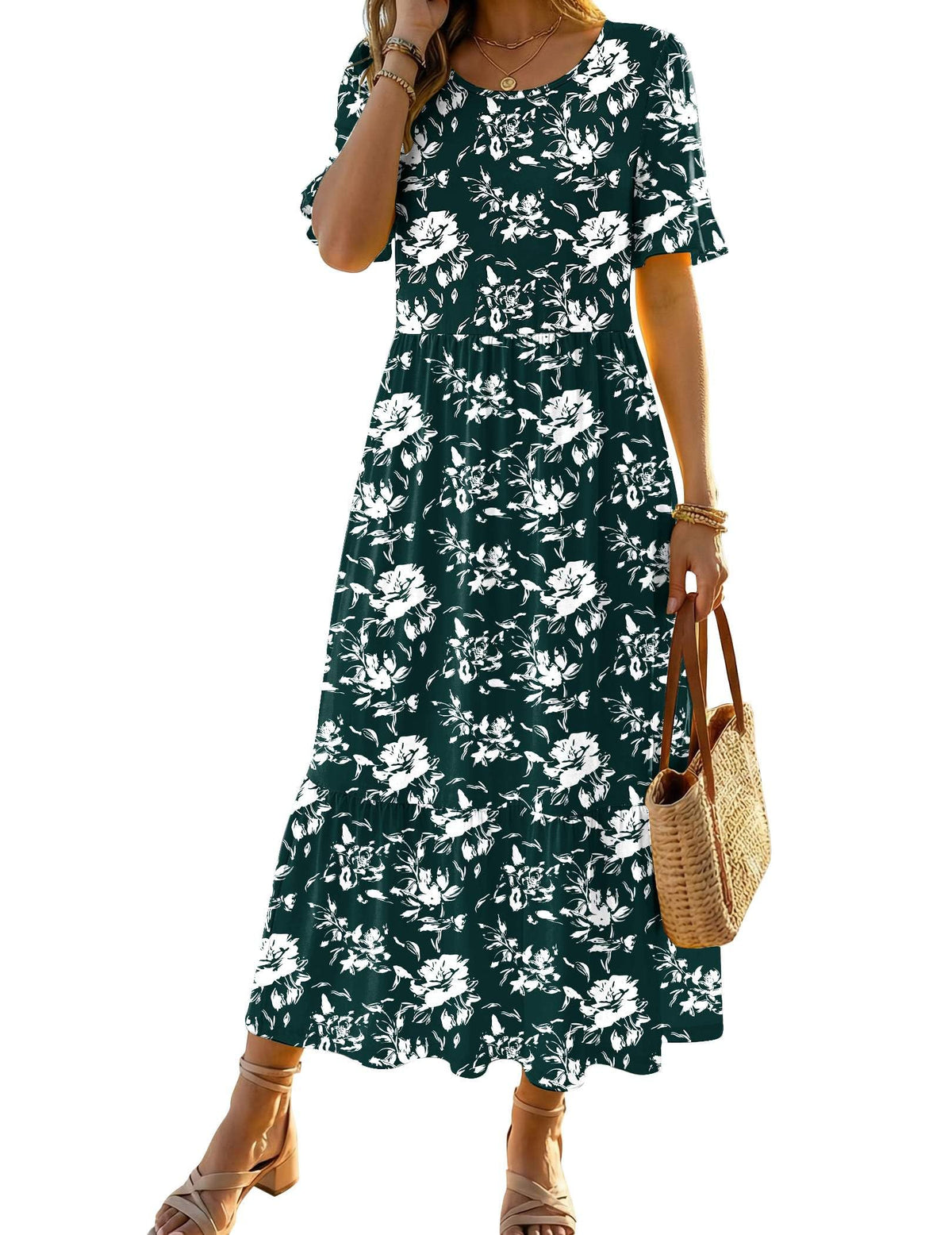 Zeagoo Womens Summer Dresses 2026 Casual Midi Dress Flowy Sundress Ruffle Short Sleeve Tiered Dresses A Line Boho Dress