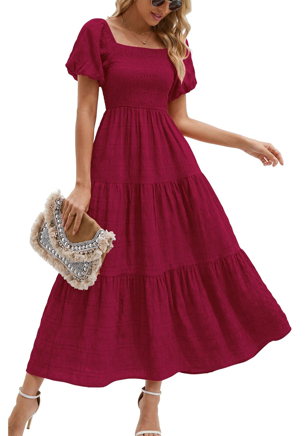 PRETTYGARDEN Womens Puff Short Sleeve Maxi Dress