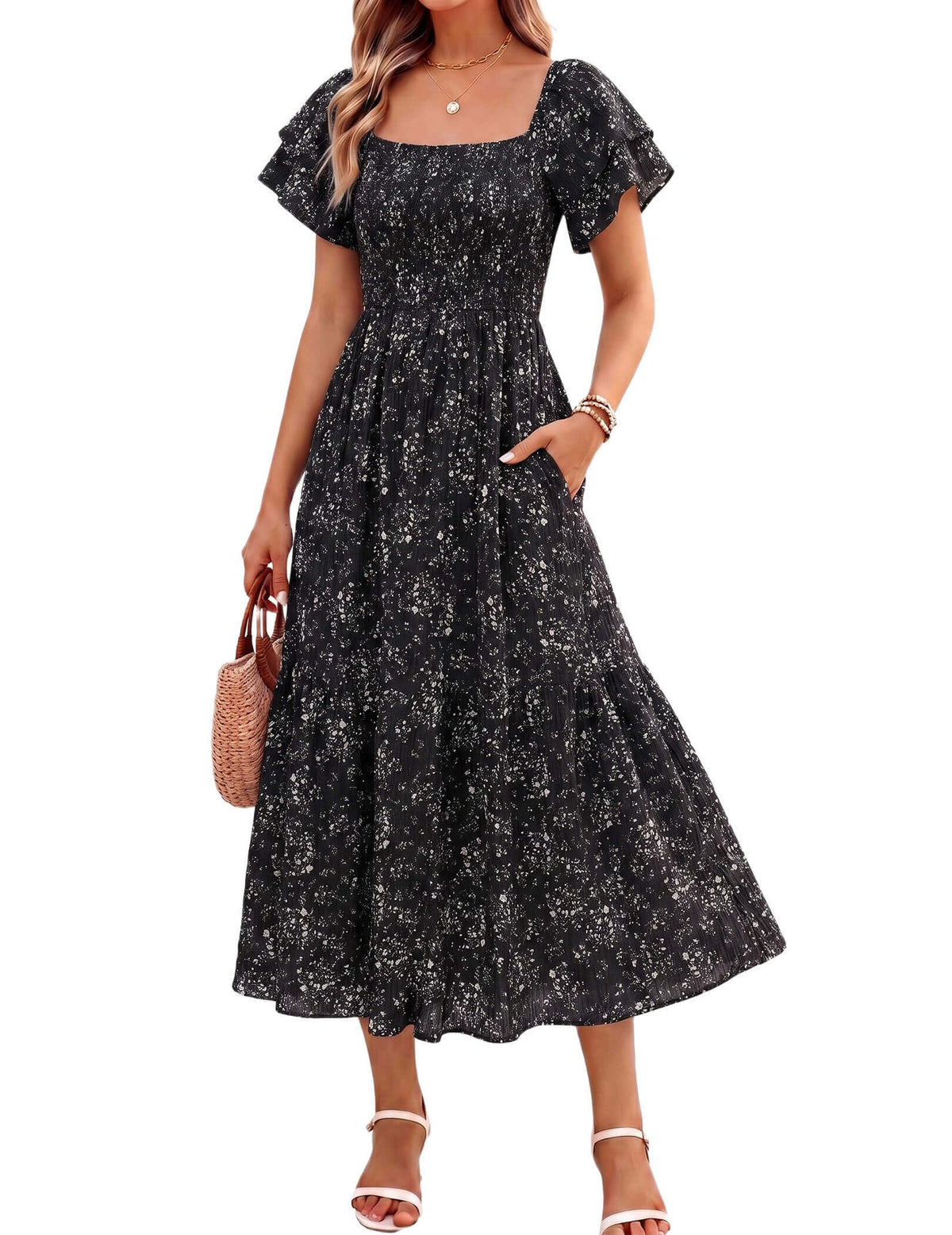 Women's Summer Midi Dress Short Sleeve Square Neck Off Shoulder Ruffle Elastic High Waist Vacation Dress with Pockets