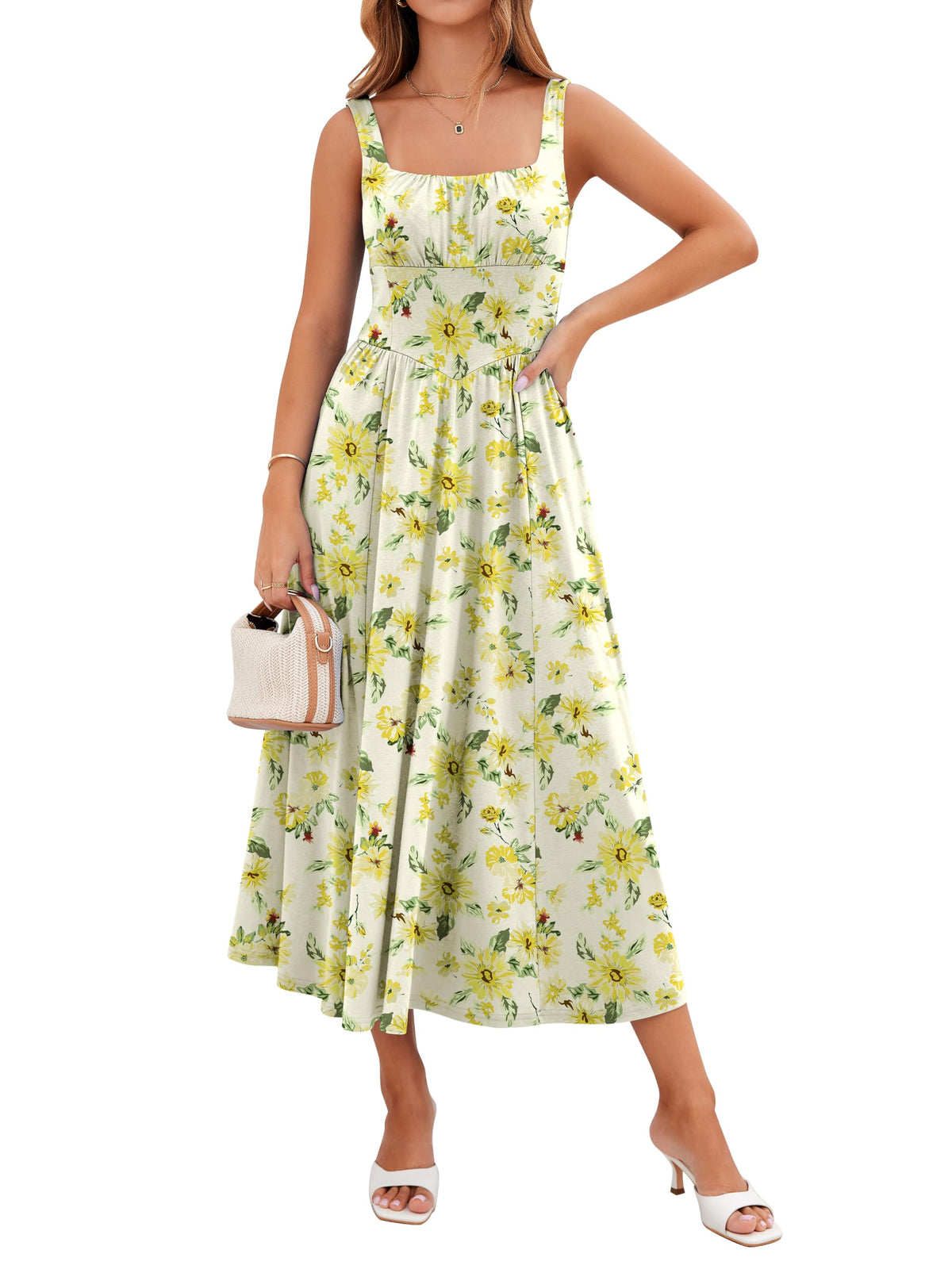 YIOYOLA Womens Casual Summer Dress with Pockets | Sleeveless Square Neck Flowy A-Line Midi Sundress for Beach & Wedding Guest