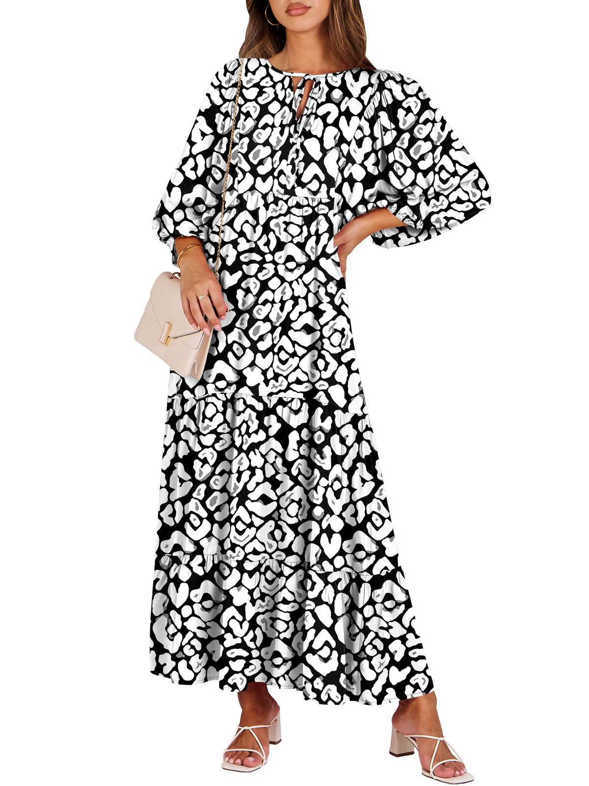 ANRABESS Womens Boho Floral 3/4 Puff Sleeve Maxi Dress