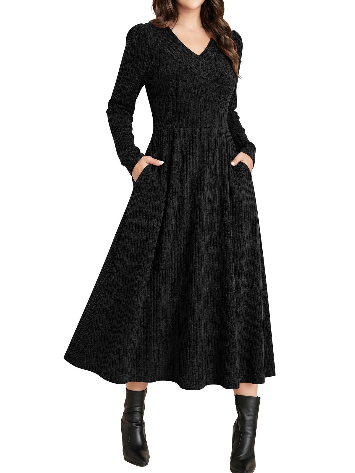 ANRABESS Womens Long Sleeve V Neck A Line Fall Midi Dress