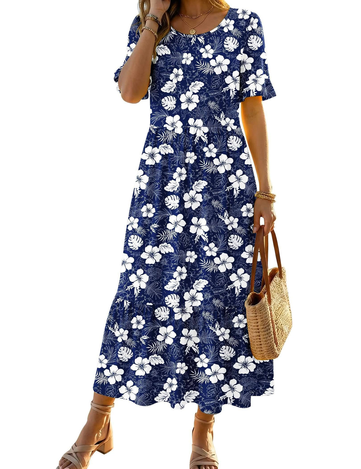 Zeagoo Womens Summer Dresses 2026 Casual Midi Dress Flowy Sundress Ruffle Short Sleeve Tiered Dresses A Line Boho Dress