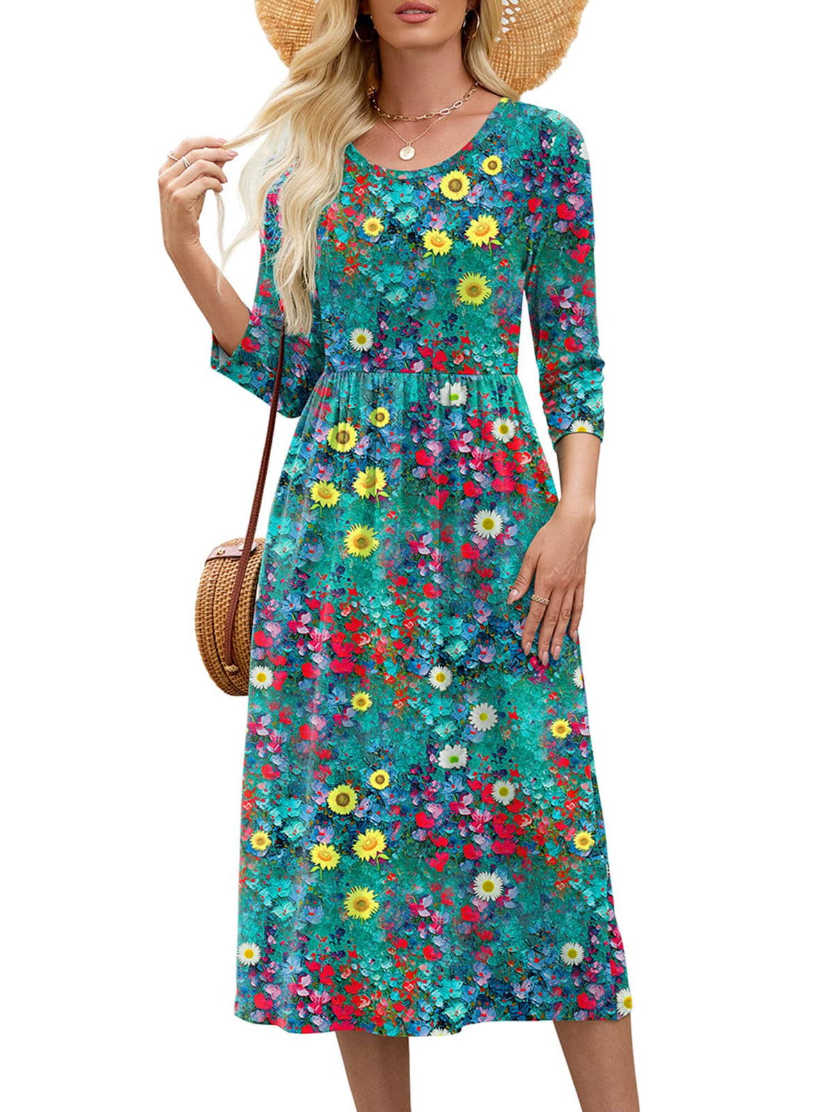 Heymoments Women's Casual 3/4 Sleeve Midi Dress with Pockets