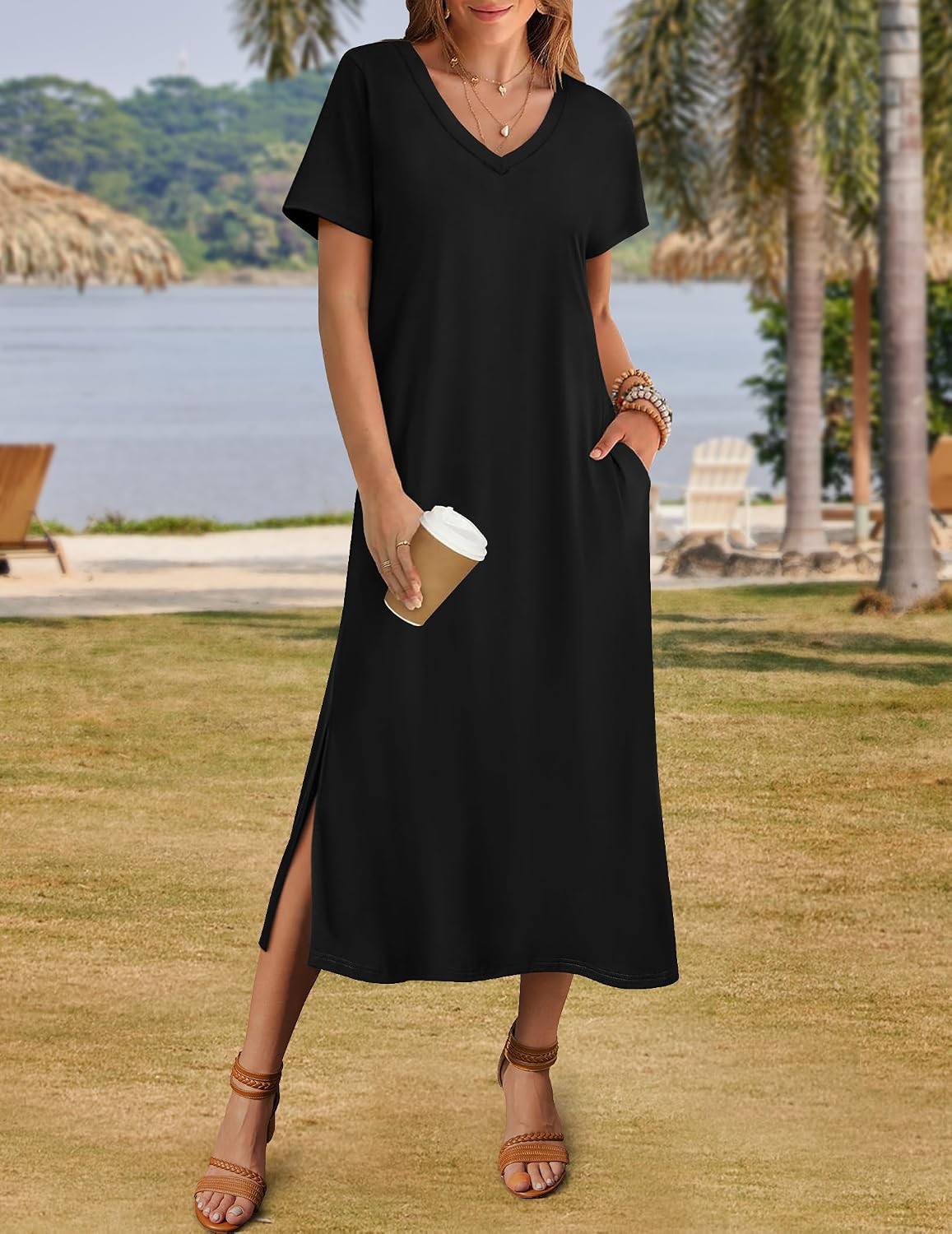 Zeagoo Women Summer Floral Dress Short Sleeve Beach Dress with Pockets Casual V-Neck Split Long T-Shirt Dress Travel Vacation