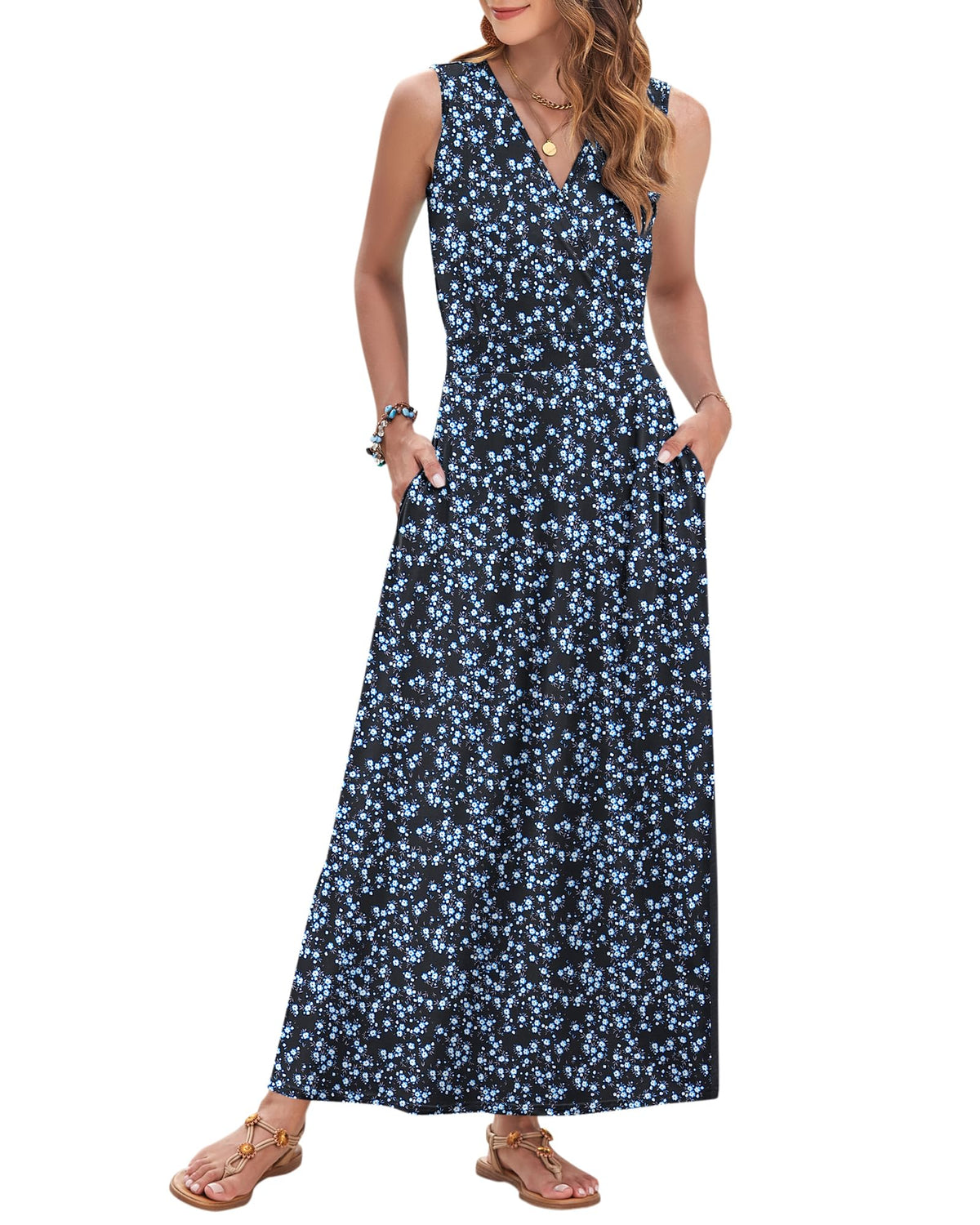 AUSELILY Womens Maxi Dress Summer Sleeveless Wrap Long Dresses with Pockets
