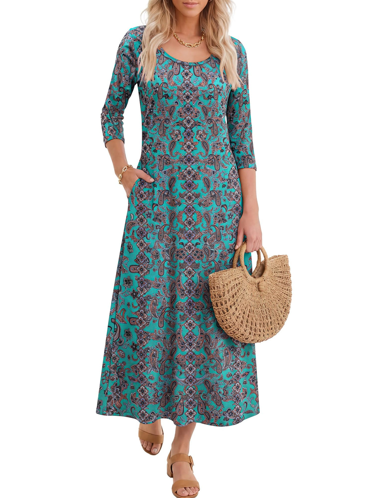 ANRABESS Womens 3/4 Sleeve Scoop Neck Casual Maxi Dress