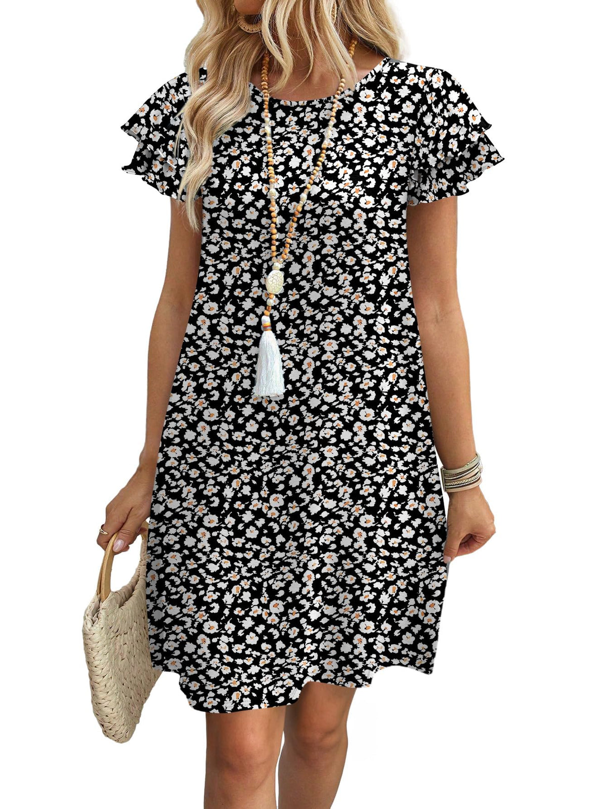 OFEEFAN Womens Summer Dresses 2026 Ruffle Sleeve Round Neck Loose Swing Sundresses with Pockets Plain/Print