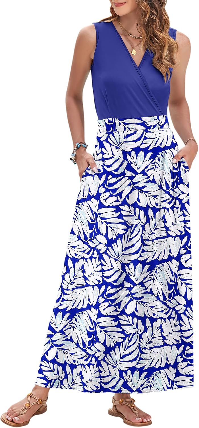 AUSELILY Womens Maxi Dress Summer Sleeveless Wrap Long Dresses with Pockets