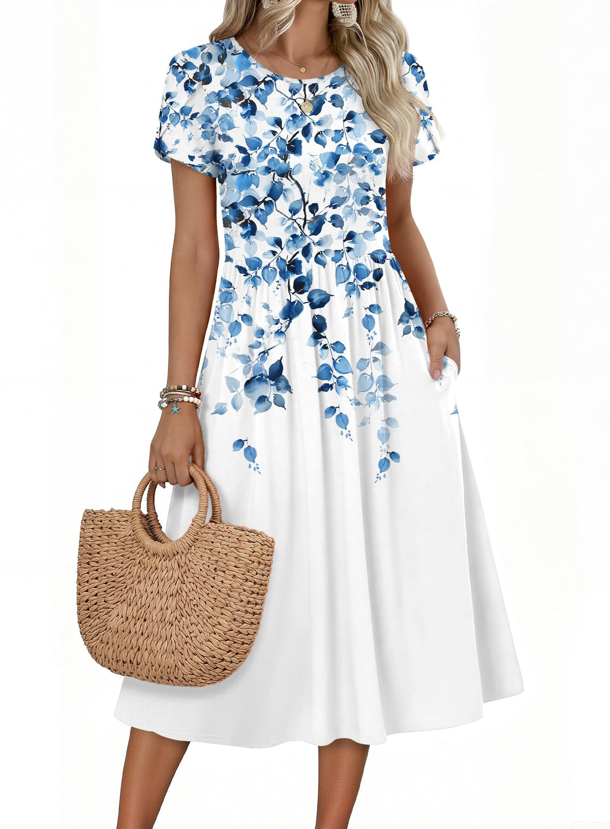 Zeagoo Womens Summer Dresses Casual Aline Midi Dress Short Sleeve Floral Tshirt Dress Flowy Beach Sundresses with Pockets