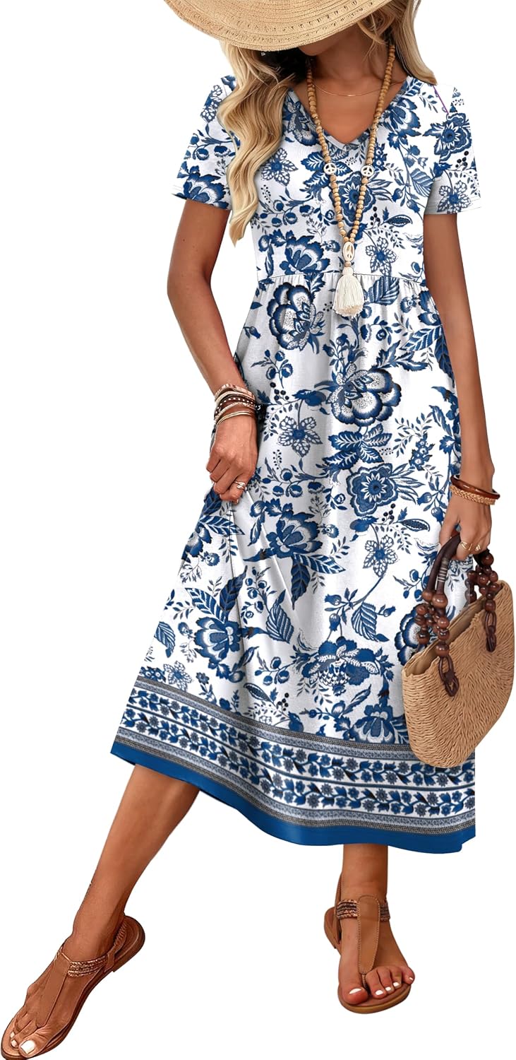 OFEEFAN Summer Dresses for Women Flowy Casual A-Line Midi Dress Beach Vacation Sundresses with Pockets S-2XL