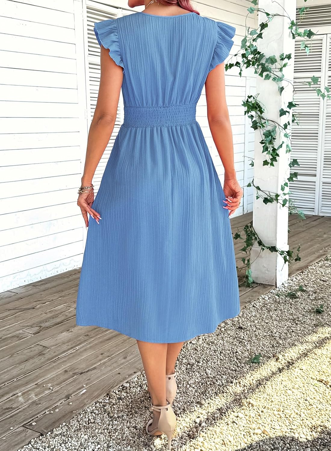 SHEWIN Women Summer Elegant Ruffle Sleeve Dress Semi Formal Outfits