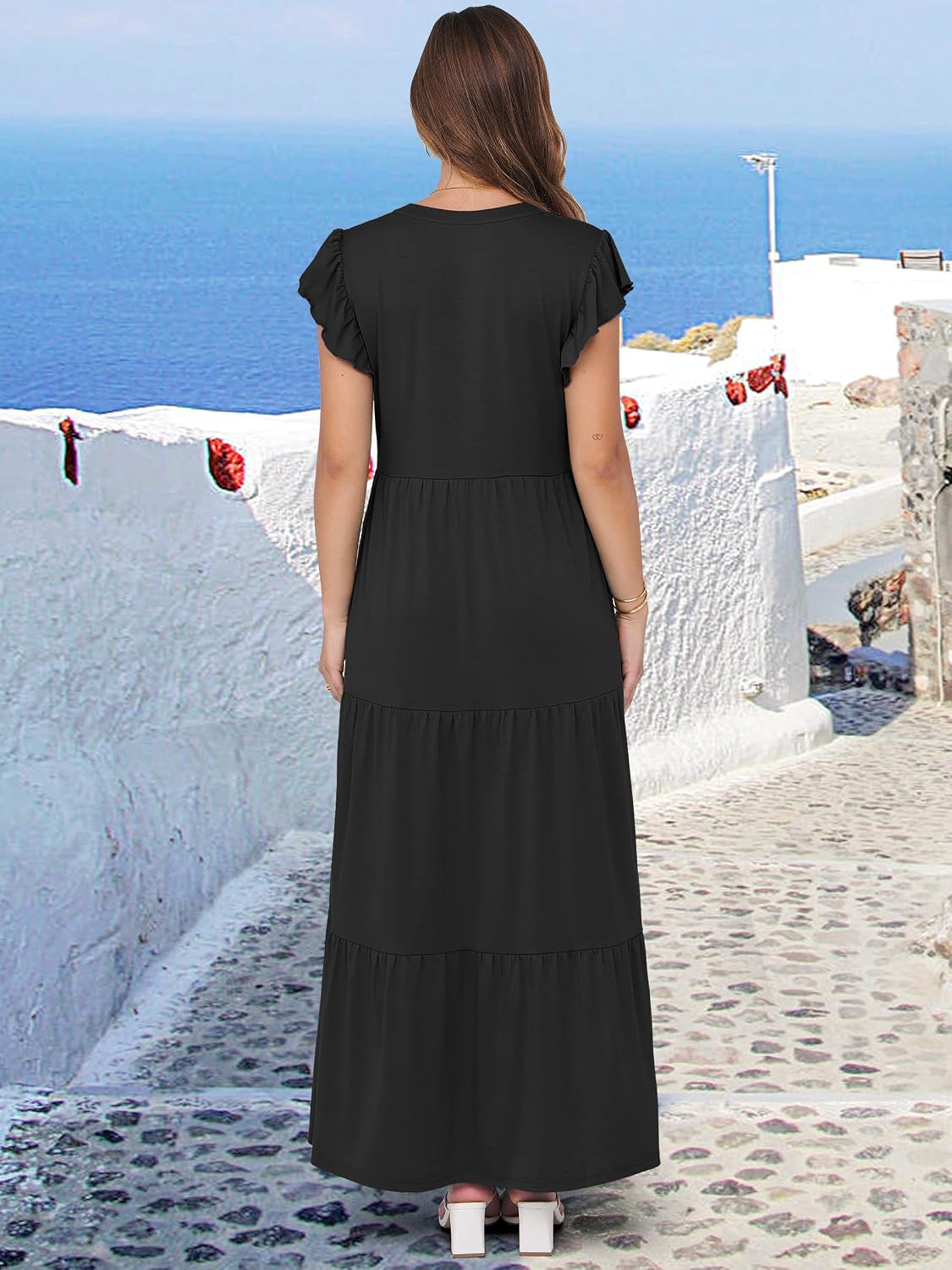 ANRABESS Womens Summer Dress Ruffle Sleeve V Neck Vacation Maxi Dresses