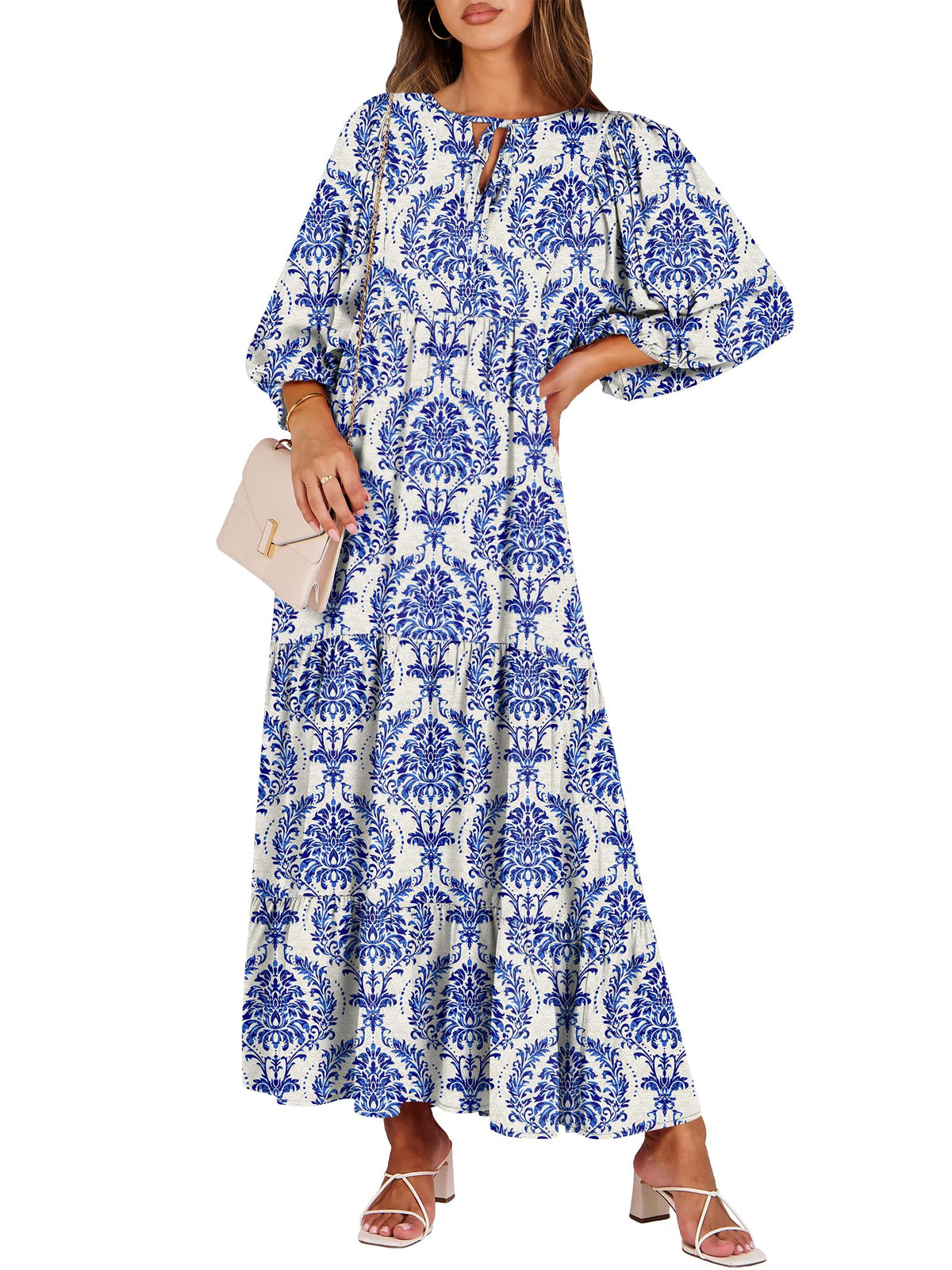 ANRABESS Womens Boho Floral 3/4 Puff Sleeve Maxi Dress
