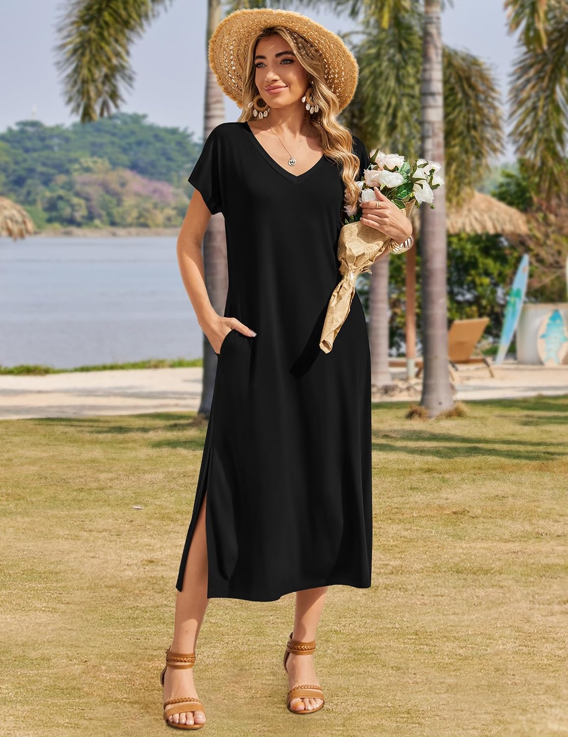 Zeagoo Women Summer Floral Dress Short Sleeve Beach Dress with Pockets Casual V-Neck Split Long T-Shirt Dress Travel Vacation