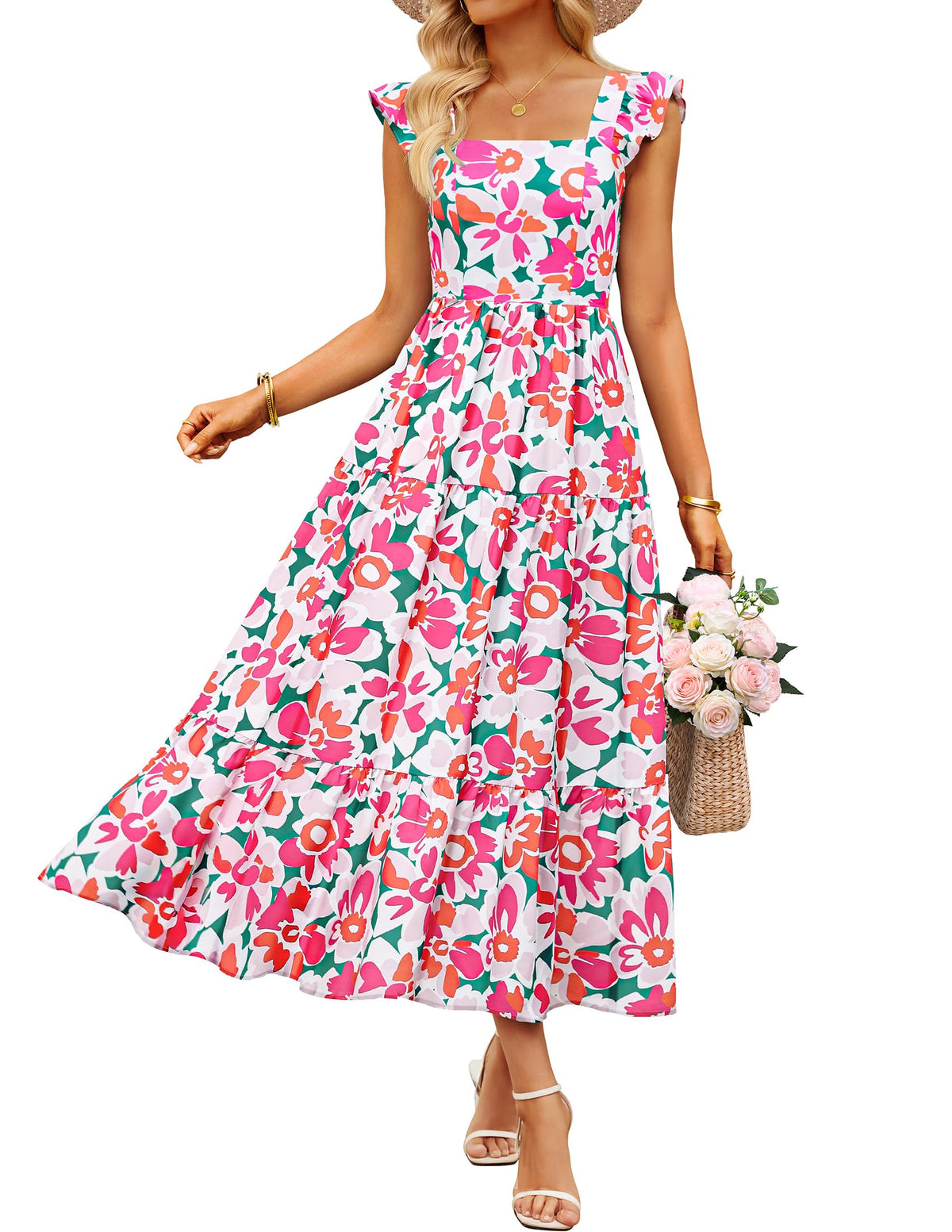ZESICA Women's Summer Boho Floral Wedding Guest Midi Dresses