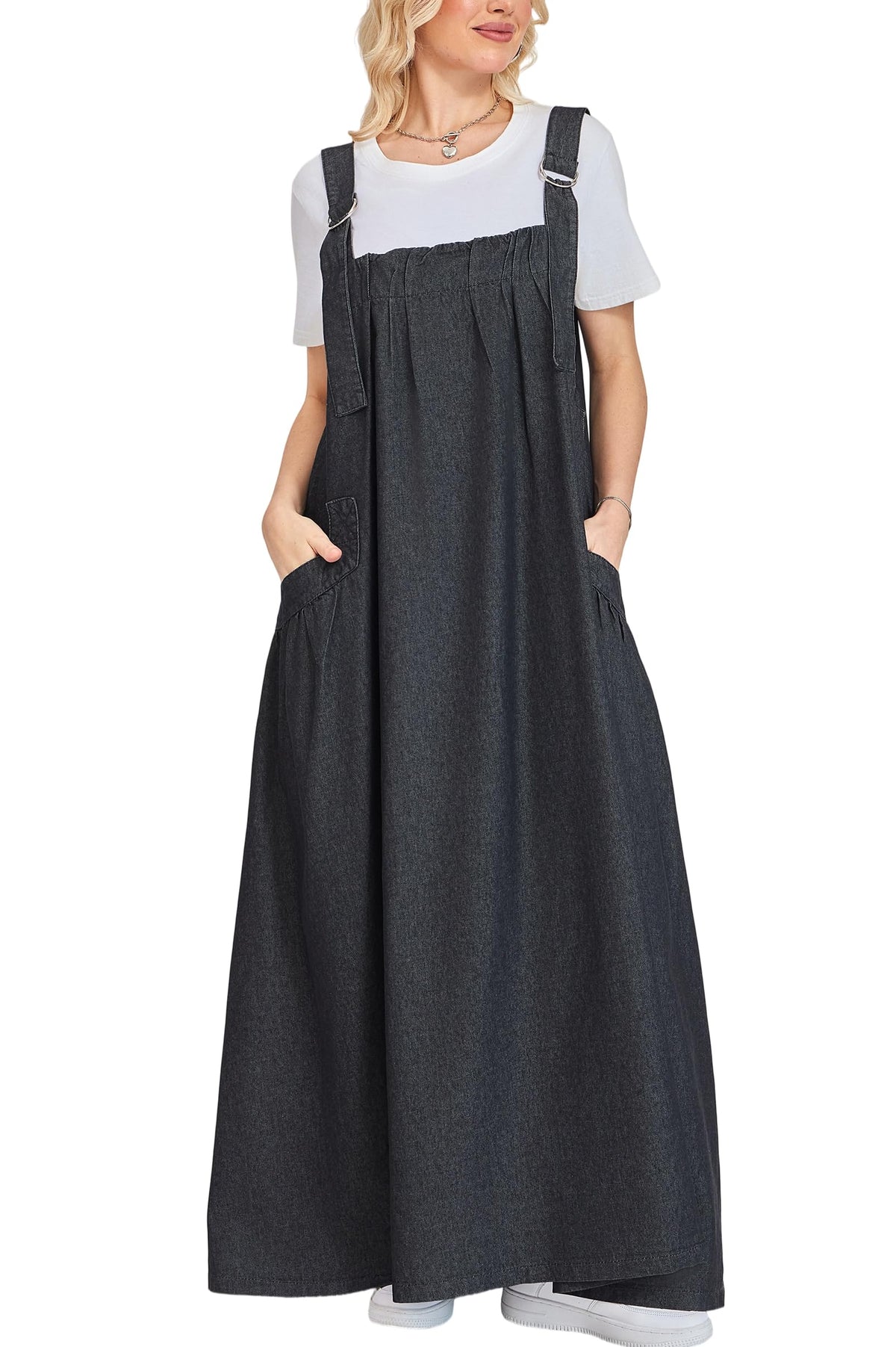 Denim Jumper Dress for Women Loose Version Baggy Style Maxi Length Adjustable Straps Wide Hemline