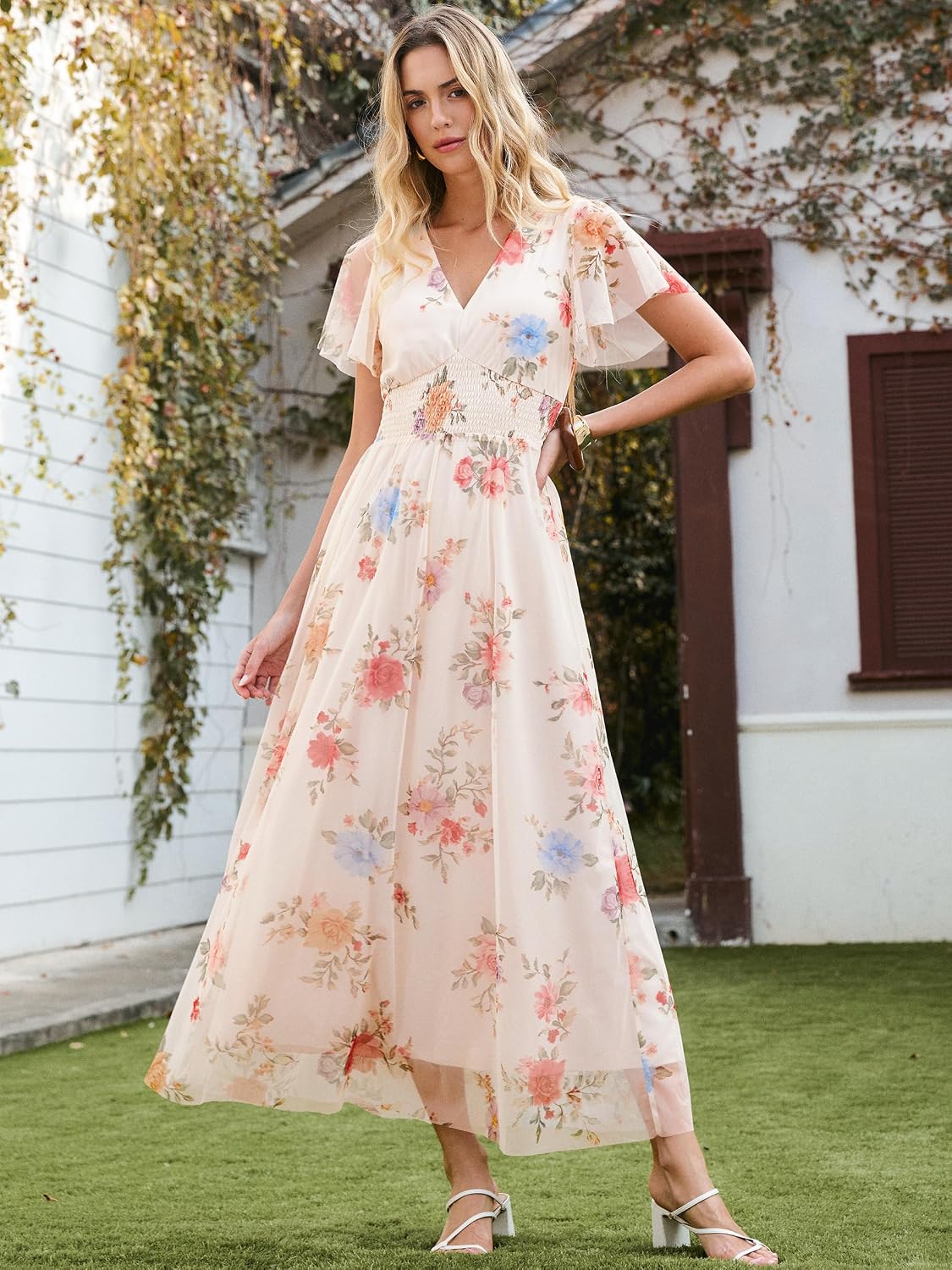 ANRABESS Women's Floral Tulle Wedding Guest Short Sleeve Maxi Dress