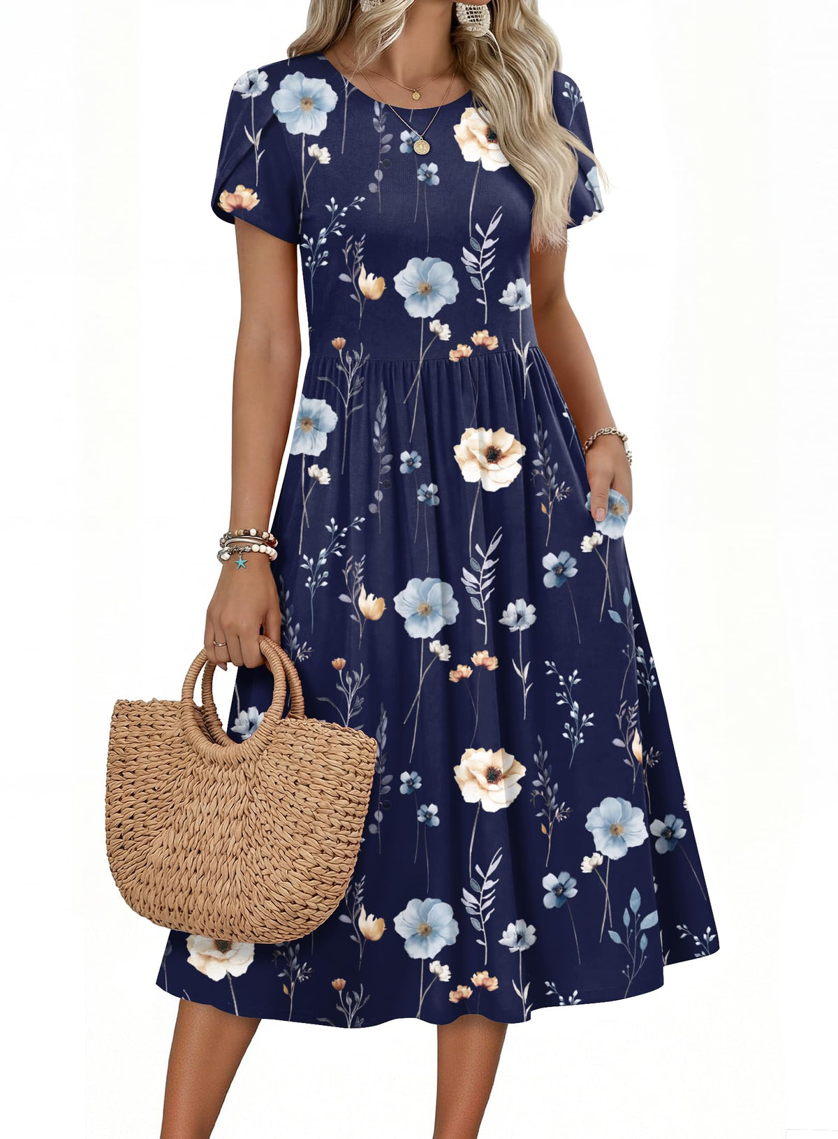 Zeagoo Womens Summer Dresses Casual Aline Midi Dress Short Sleeve Floral Tshirt Dress Flowy Beach Sundresses with Pockets