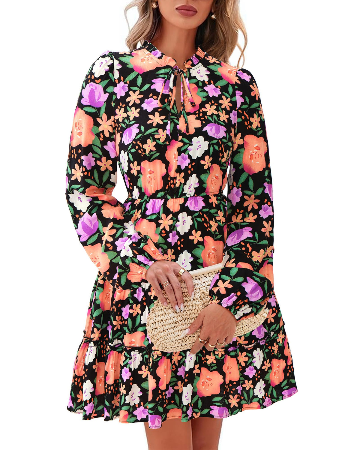 BTFBM Women Fall Dresses 2026 Floral Long Sleeve Mini Boho Dress