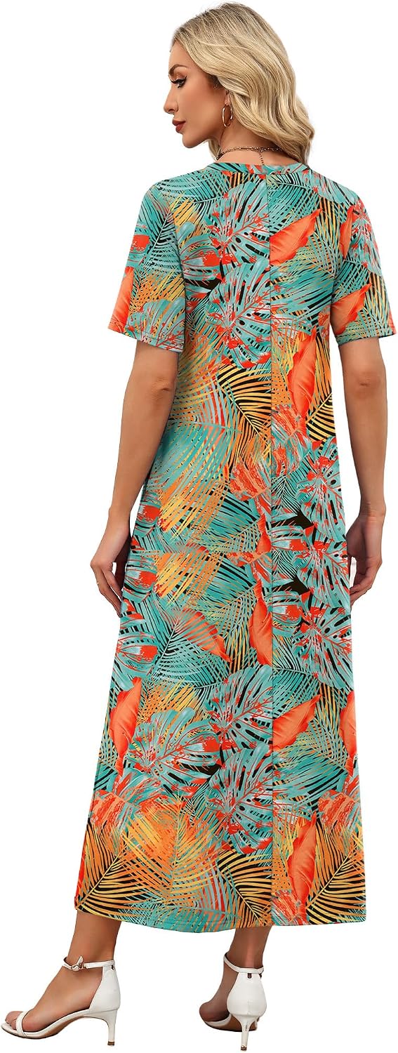 WIHOLL Women's Maxi Dresses V Neck Vacation Beach Sundresses Floral Travel Summer Dress